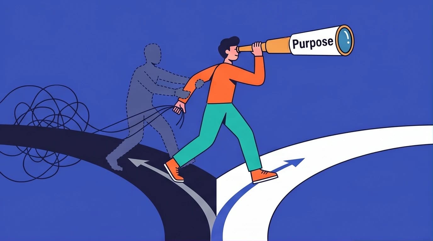 An illustration of Adler's Teleology, where a person chooses purpose over being defined by past psychological trauma, contrasting Freud.