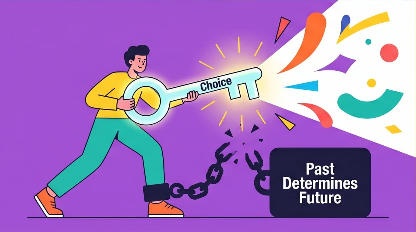 Illustration of a person breaking free from shackles of the past, representing Adler's idea of overcoming psychological trauma's power.