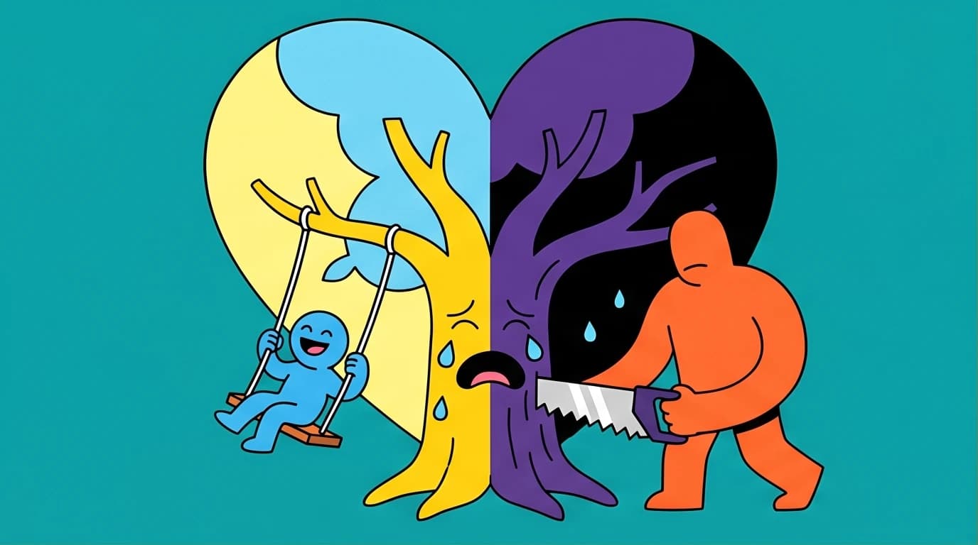 An illustration on The Giving Tree's meaning, split to show unconditional love on one side and a toxic relationship on the other.