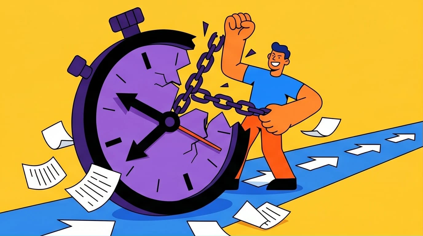 A person breaking a clock to symbolize reclaiming control of work with time management skills for a high-efficiency lifestyle and work-life balance.