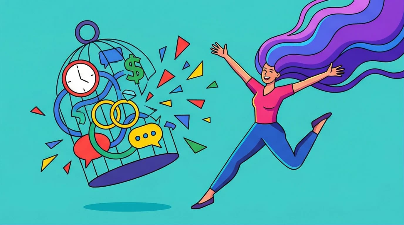 An illustration in the Corporate Memphis style showing a woman breaking free from a cage, symbolizing the core message of Glennon Doyle's Untamed about finding your authentic self.