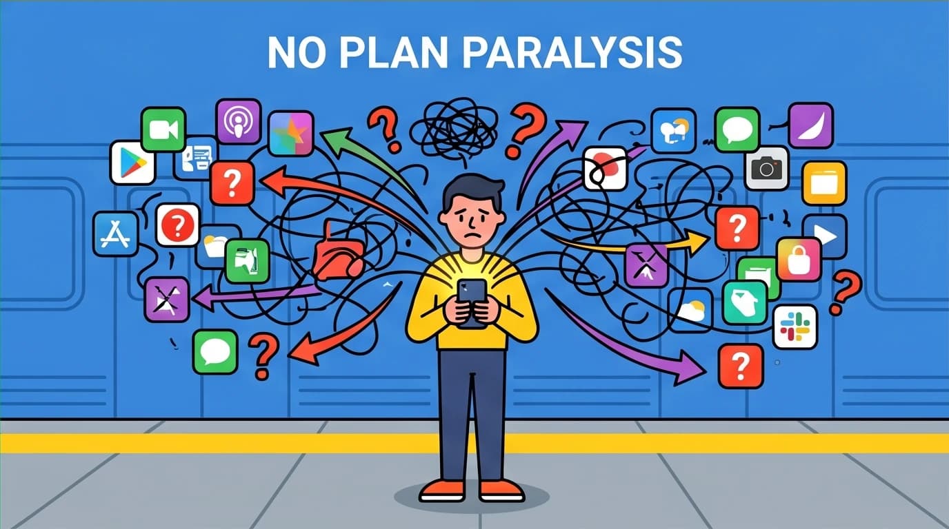 A person overwhelmed by app choices, visualizing a key pitfall to avoid for effective commute time utilization and fragmented time learning.