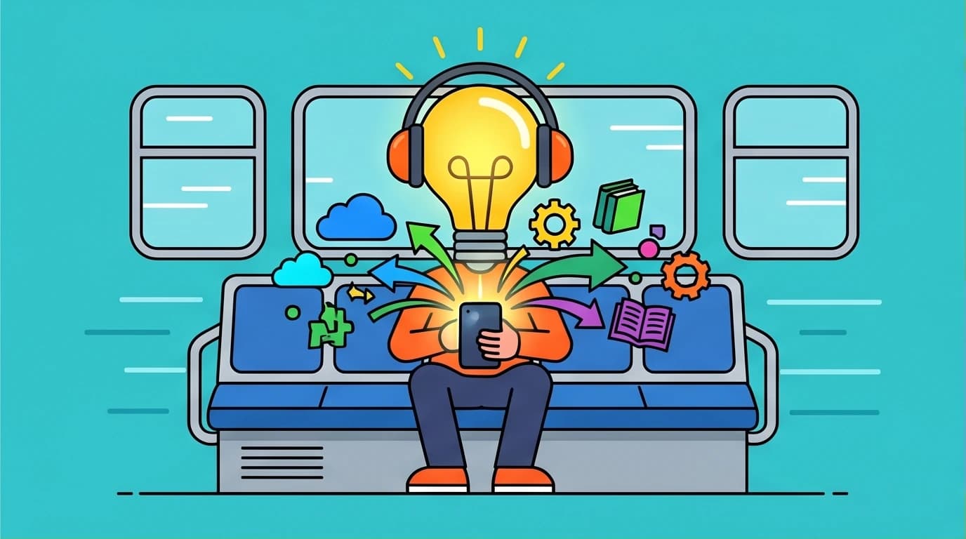 A character transforming their daily commute into a productive session with efficient learning podcasts, symbolizing commute time utilization.