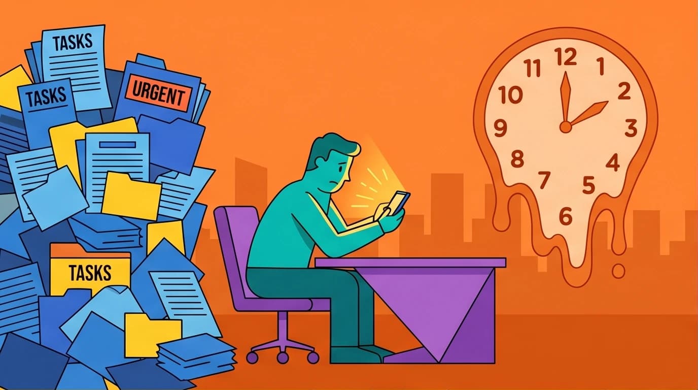 An illustration showing the internal conflict of procrastination, where a person ignores a looming deadline to look at a phone, representing a psychological struggle with emotion regulation.