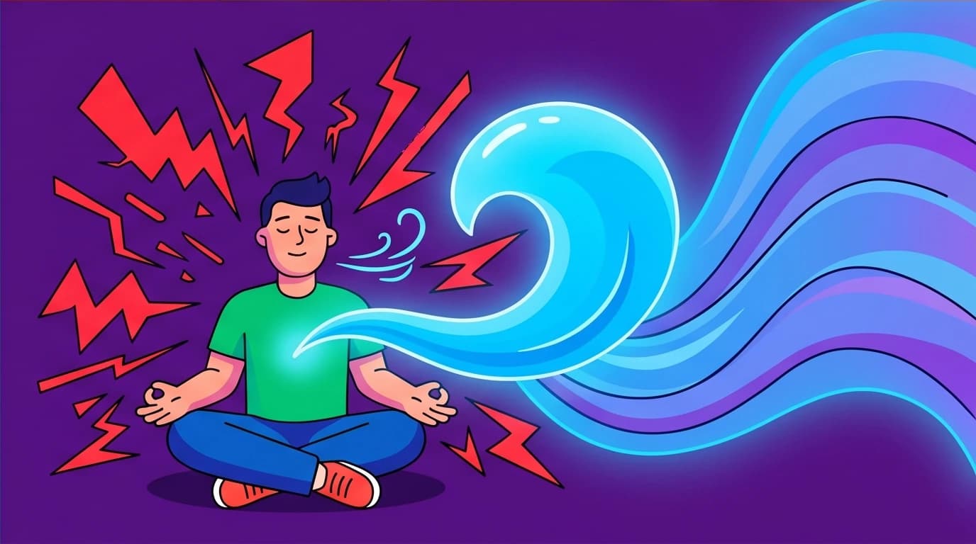 An illustration of using a breathing exercise to transform chaotic red anxiety into calm blue waves, a technique for immediate work stress relief.
