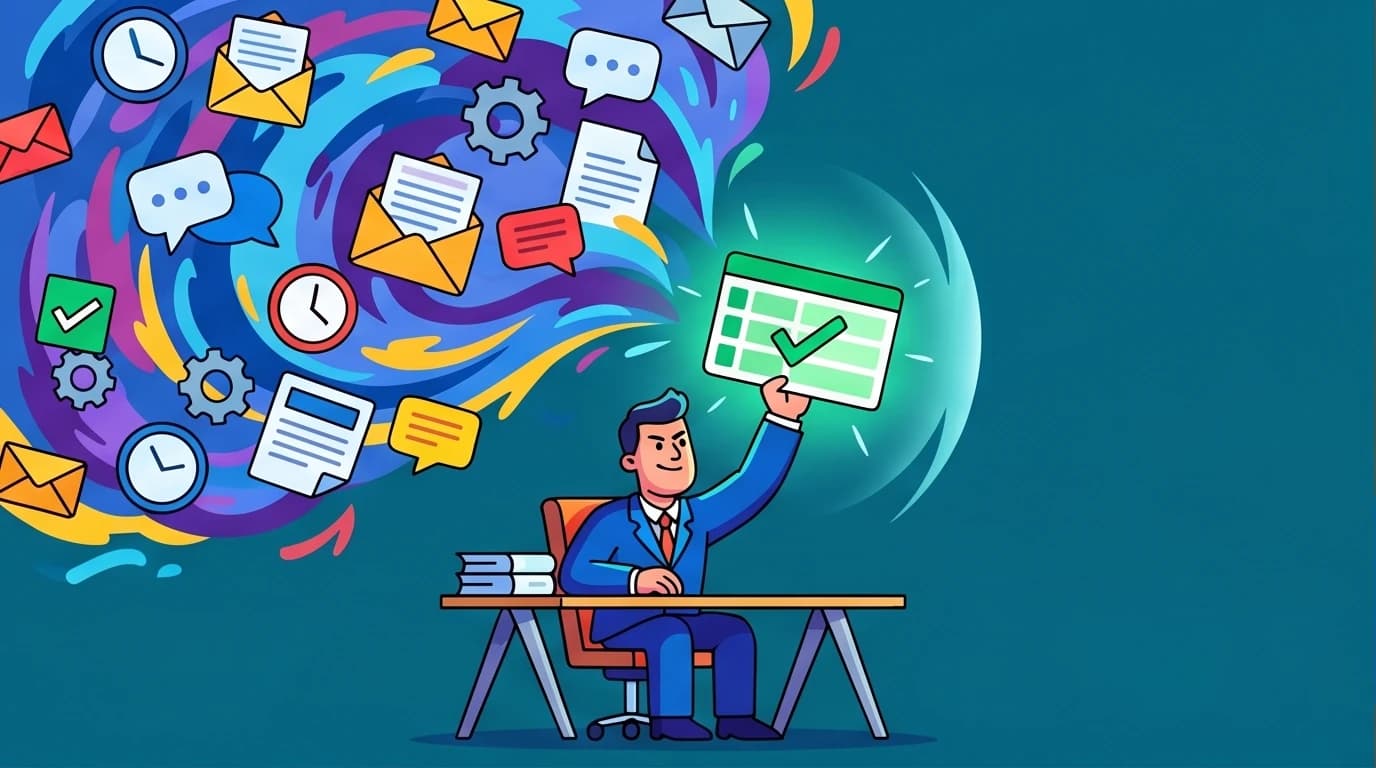 An illustration of a professional using a solid plan to overcome a storm of work stress and workplace anxiety, symbolizing gaining control.