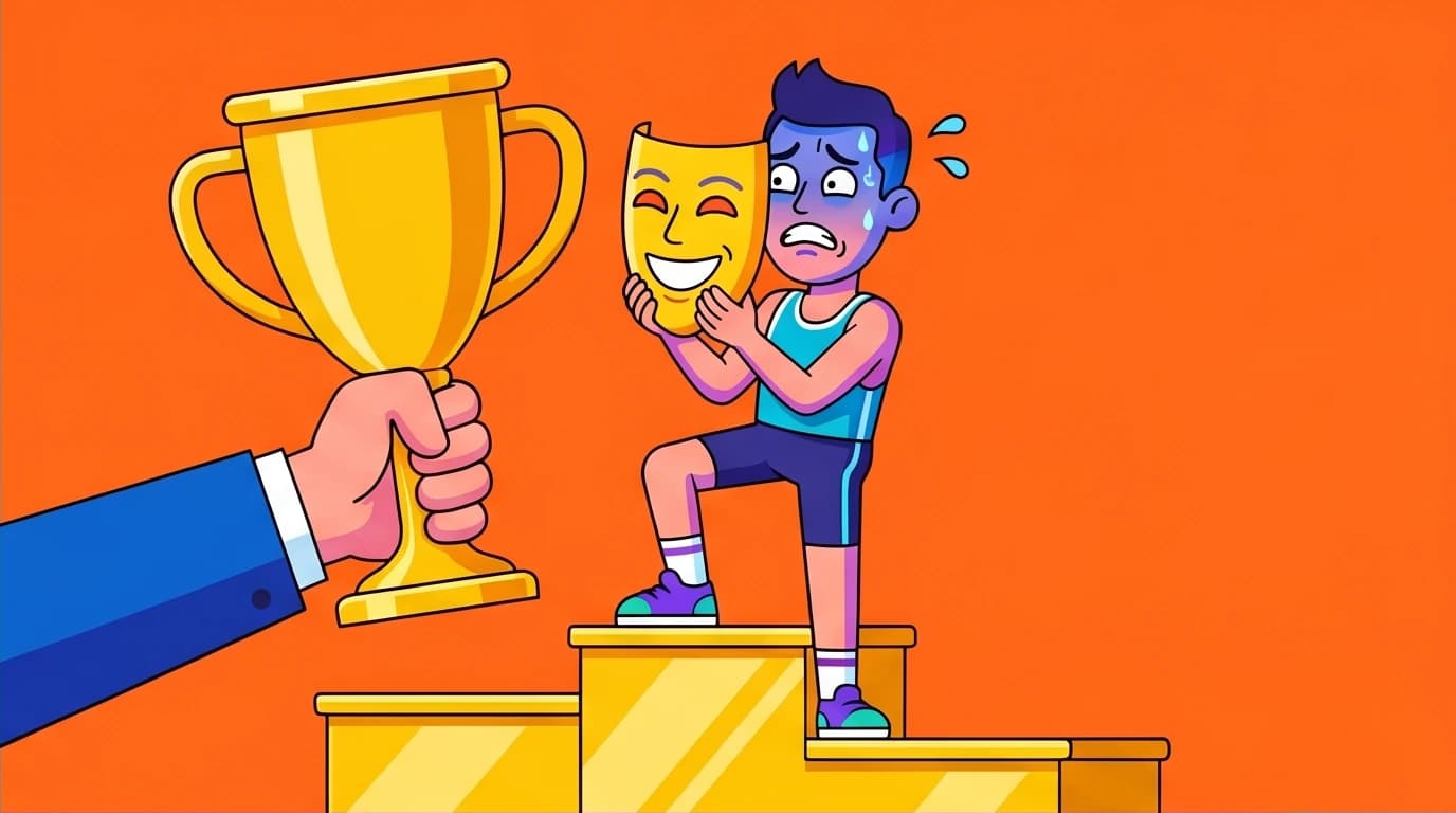 A successful person hiding their anxious face behind a confident mask, a visual metaphor for imposter syndrome and overcoming work self-doubt.