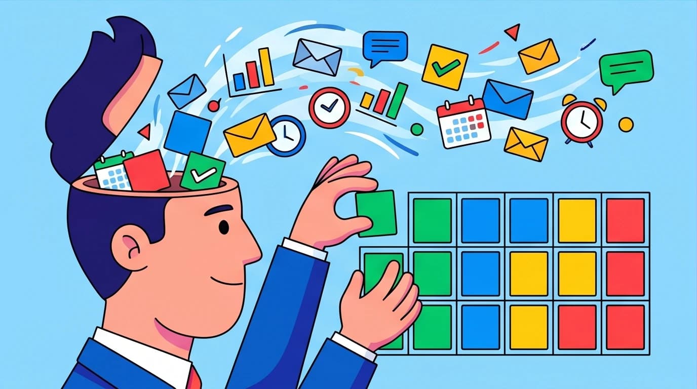 A person organizing chaotic thoughts from their mind into neat blocks, illustrating time management techniques to reduce work stress and anxiety.