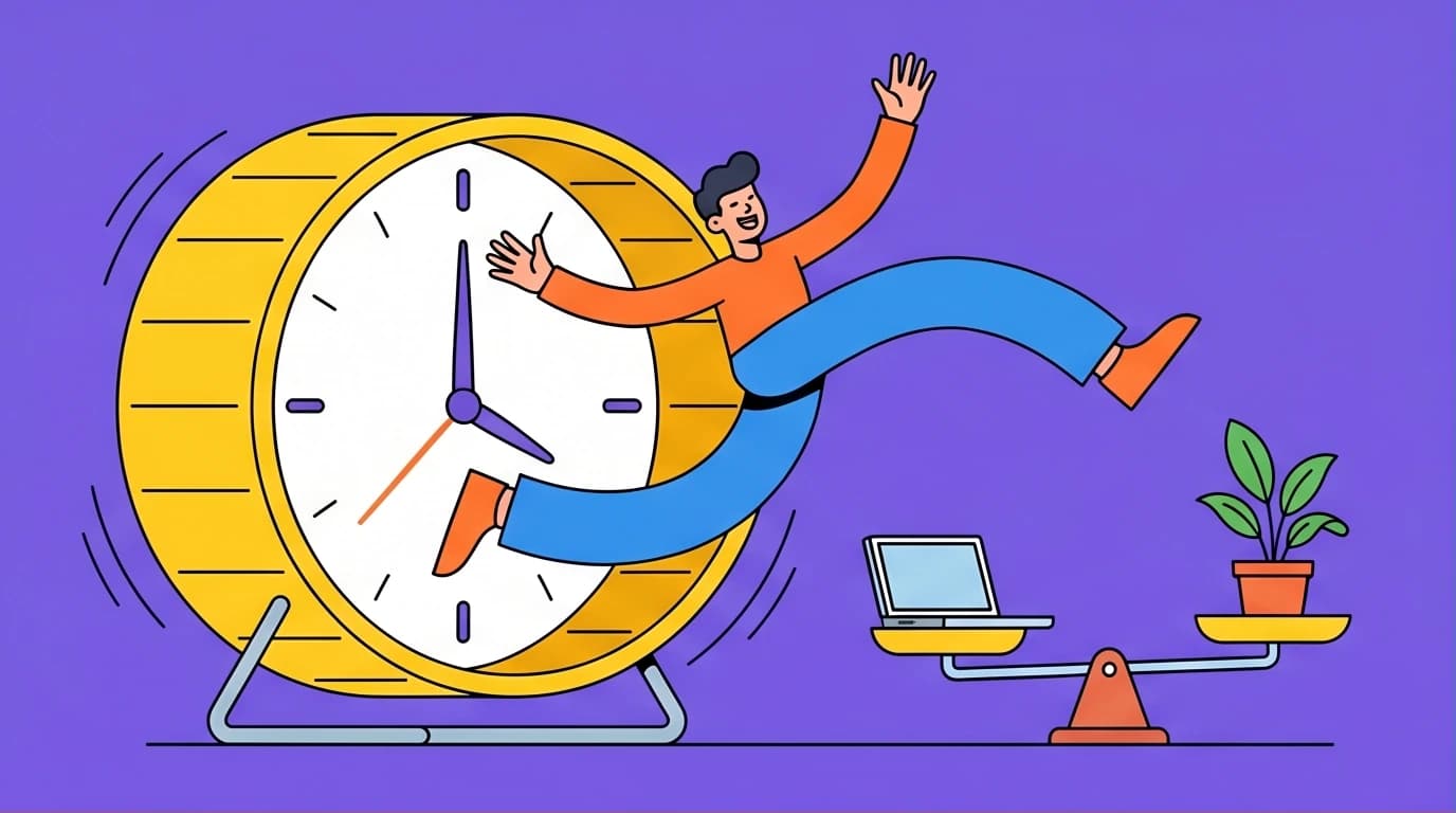 An illustration of a person escaping a giant clock wheel, symbolizing breaking free from overtime to achieve better work-life balance and workplace efficiency.