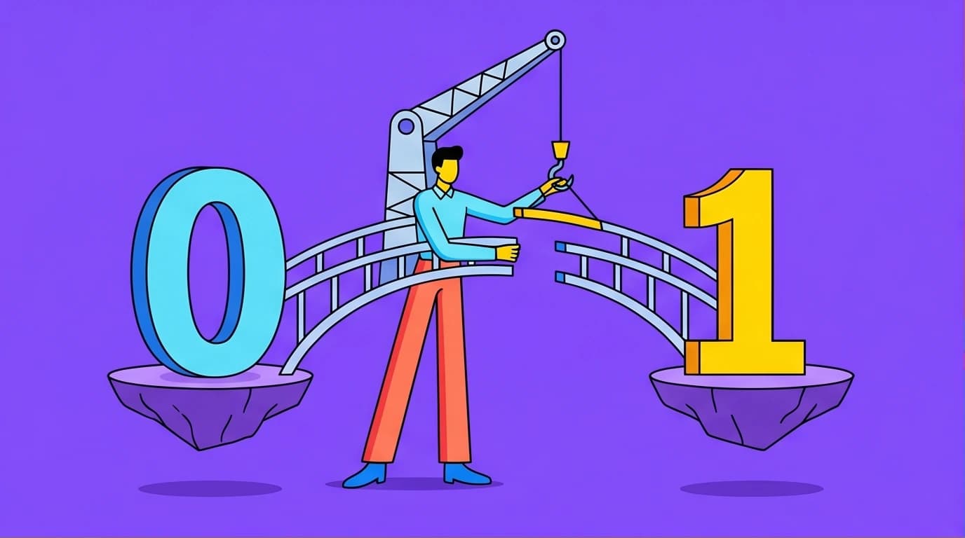 Illustration of a founder building a bridge from a '0' to a '1', symbolizing the core concept of Peter Thiel's Zero to One quotes on innovation.