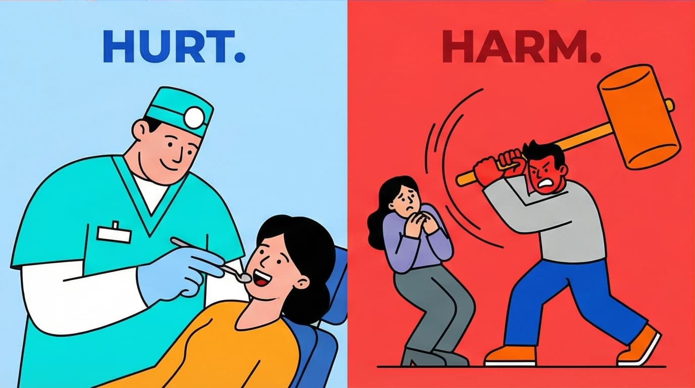 A visual explaining the Law of Evaluation: the crucial difference between causing temporary hurt versus actual harm when setting healthy boundaries.