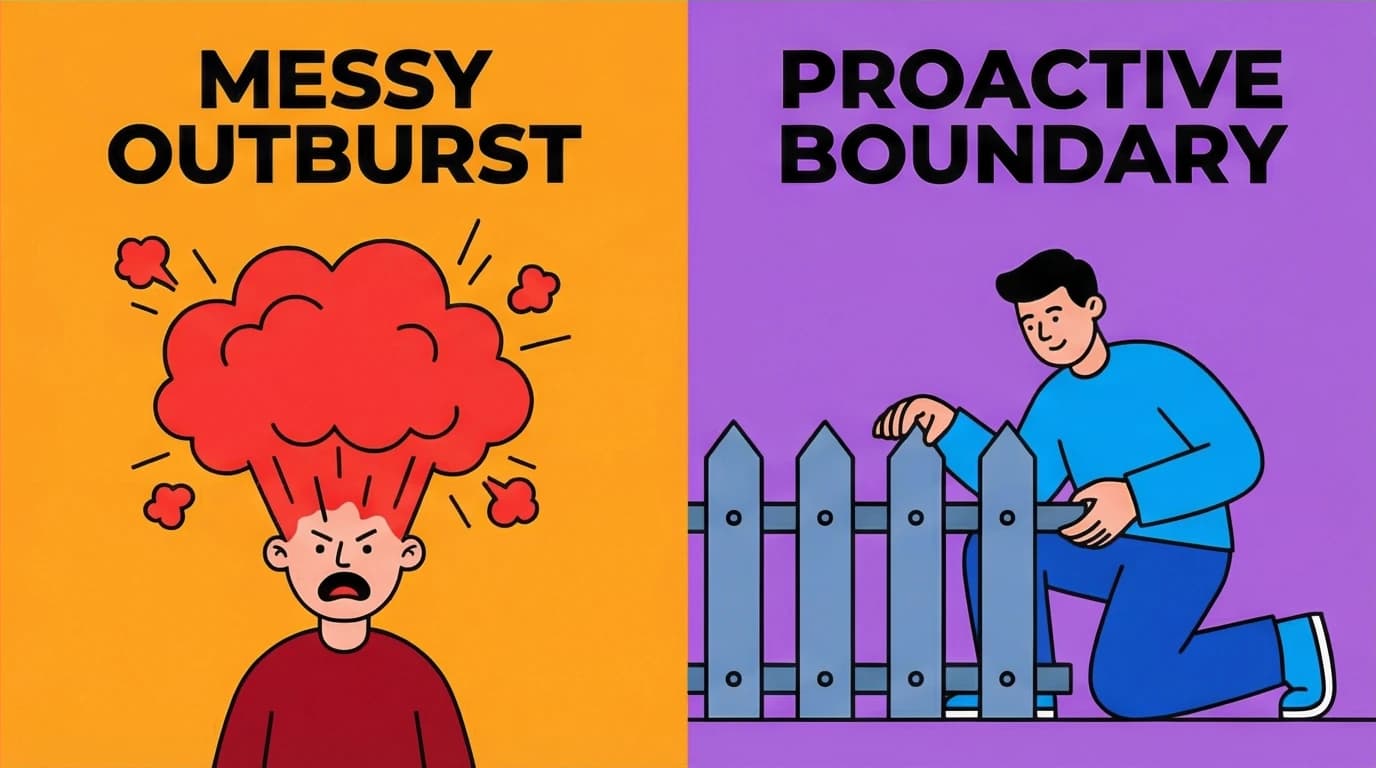 An image contrasting reactive vs. proactive boundary setting, showing an emotional explosion versus calm planning, as per the 10 laws of boundaries.