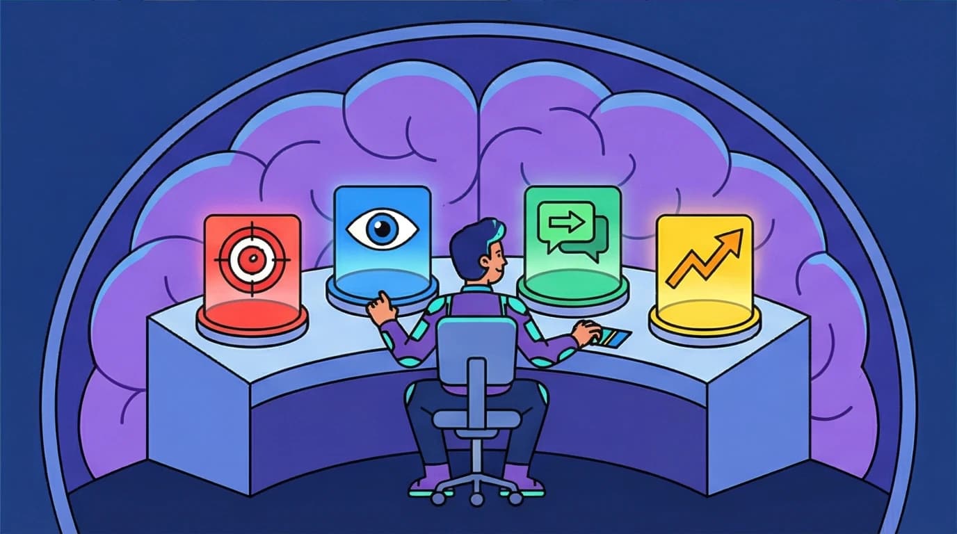 A character at a control panel representing the four key elements of deliberate practice: specific goals, intense focus, feedback, and discomfort.