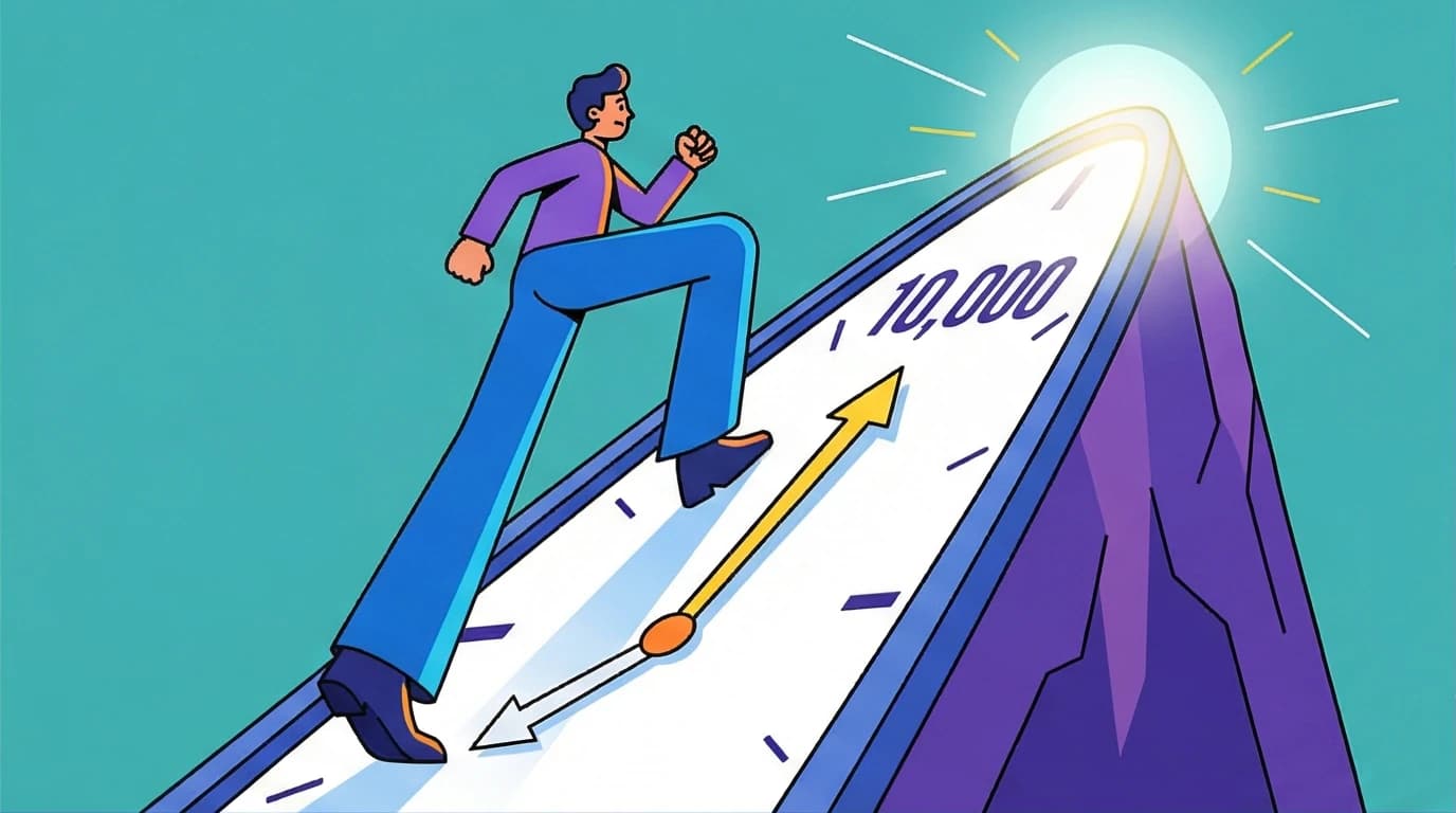 An illustration of a person climbing a giant clock, symbolizing the 10000 hour rule and the journey to achieving elite mastery through dedicated practice.