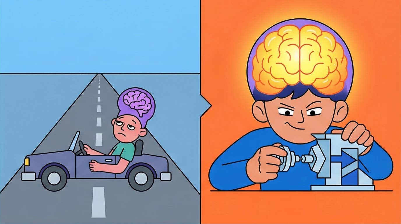 A visual contrast between naive practice (bored driving) and deliberate practice (focused engineering), illustrating a key misconception of the 10000 hour rule.