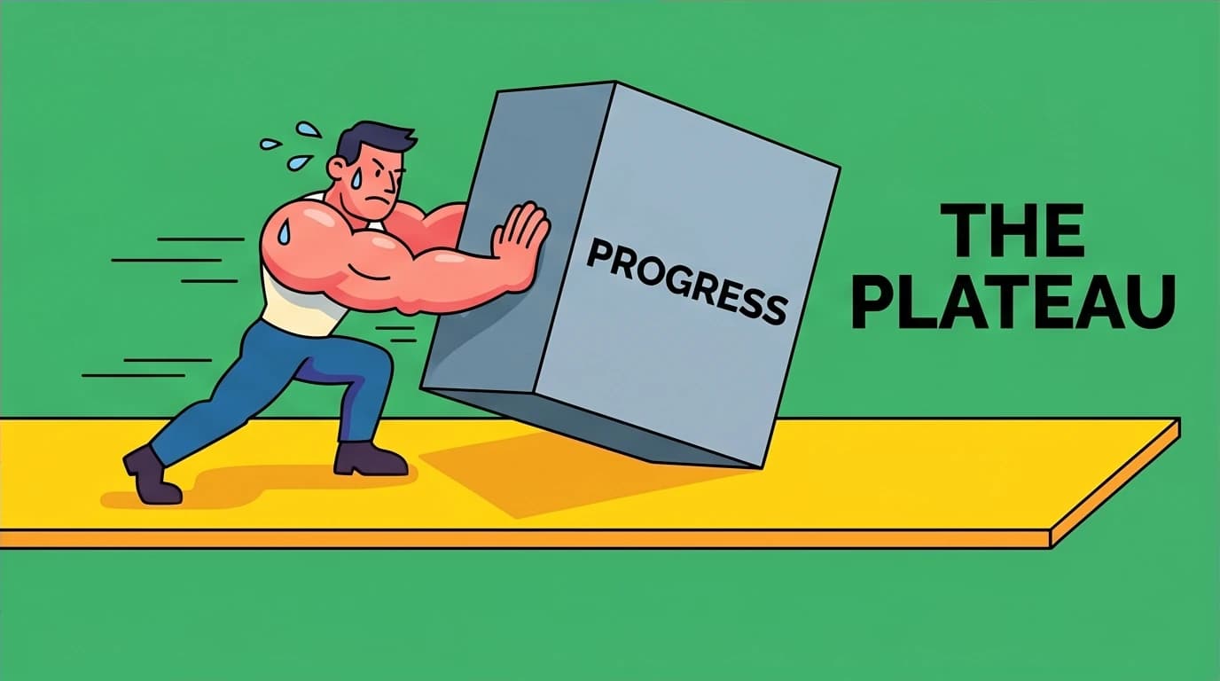 A character pushing a large block on a plateau, illustrating perseverance during skill acquisition plateaus in the 10000 hour rule.