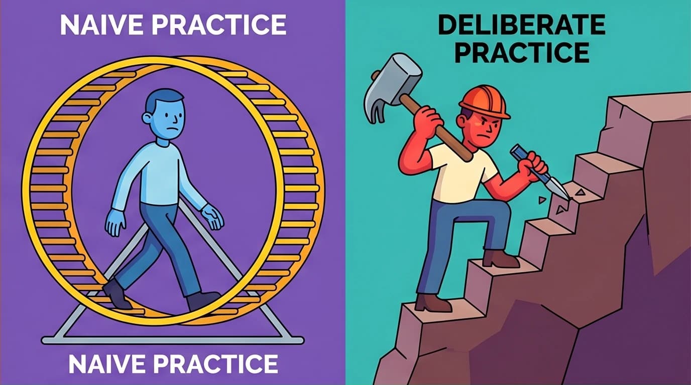 A visual comparison of naive practice (walking on a hamster wheel) versus deliberate practice (carving a path to success), key to the 10000 hour rule.