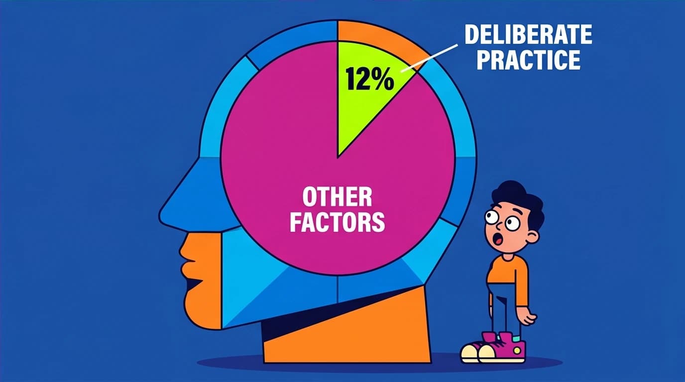 A pie chart showing that deliberate practice only accounts for 12% of mastery, debunking the 10,000-hour rule with scientific data.
