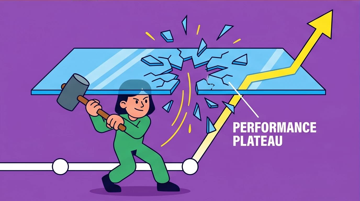 A character uses a focused hammer to break through a performance plateau, illustrating the concept of deliberate practice for skill acquisition.