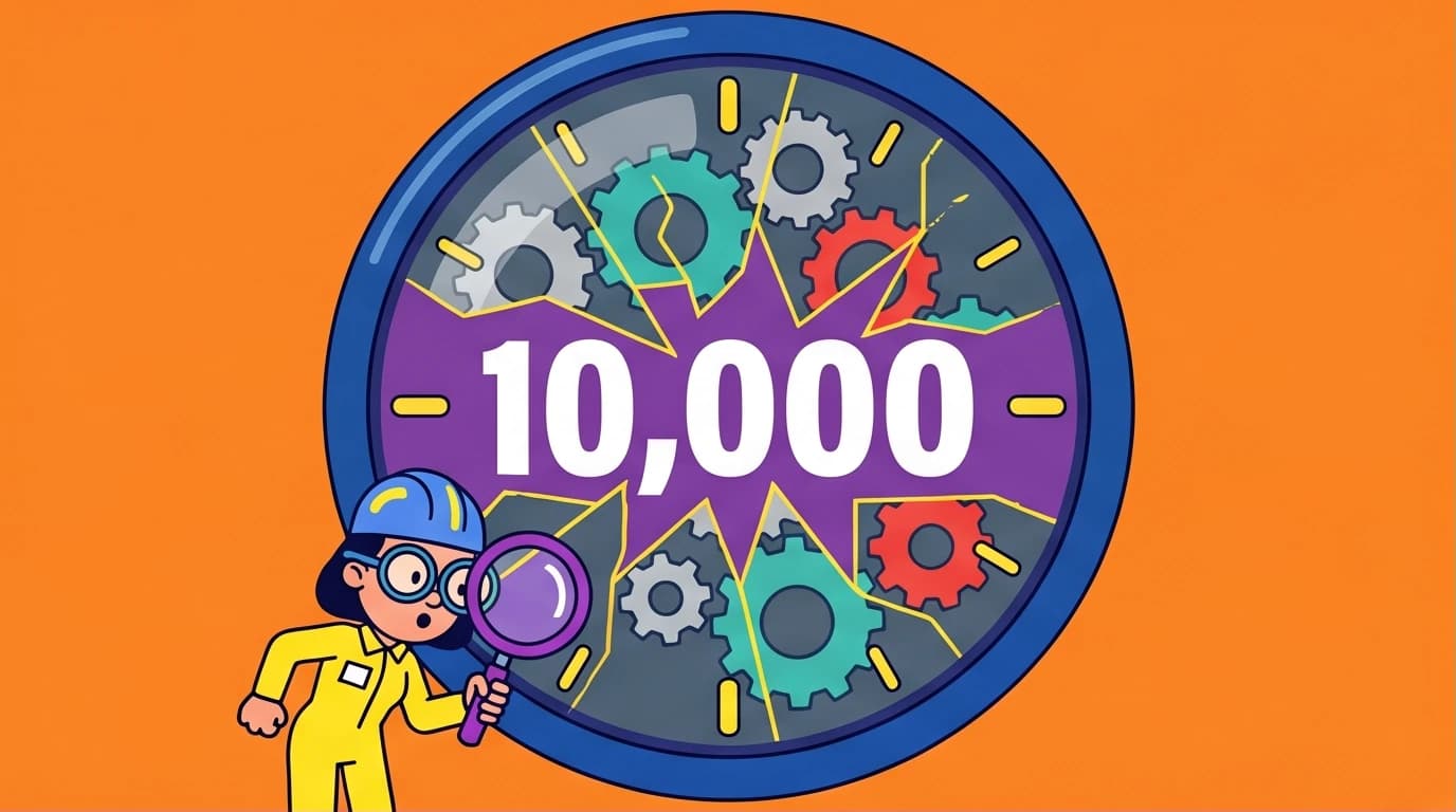 An illustration in the Corporate Memphis style of a giant, cracked clock face showing 10,000 hours, debunking the myth of mastery through practice alone.
