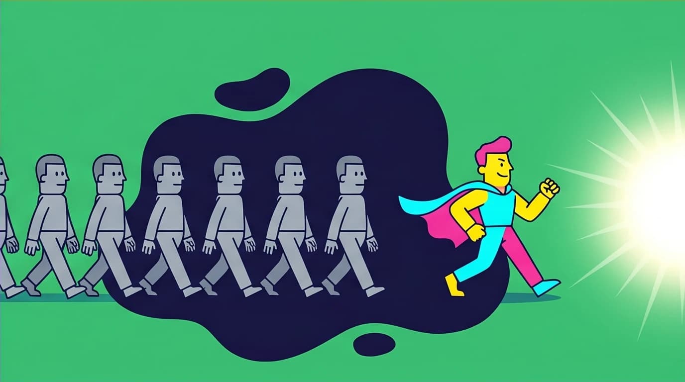 Depicting Robert Greene's Law of Conformity, where one individual resists the downward pull of the group, a core lesson from the 18 laws of human nature.