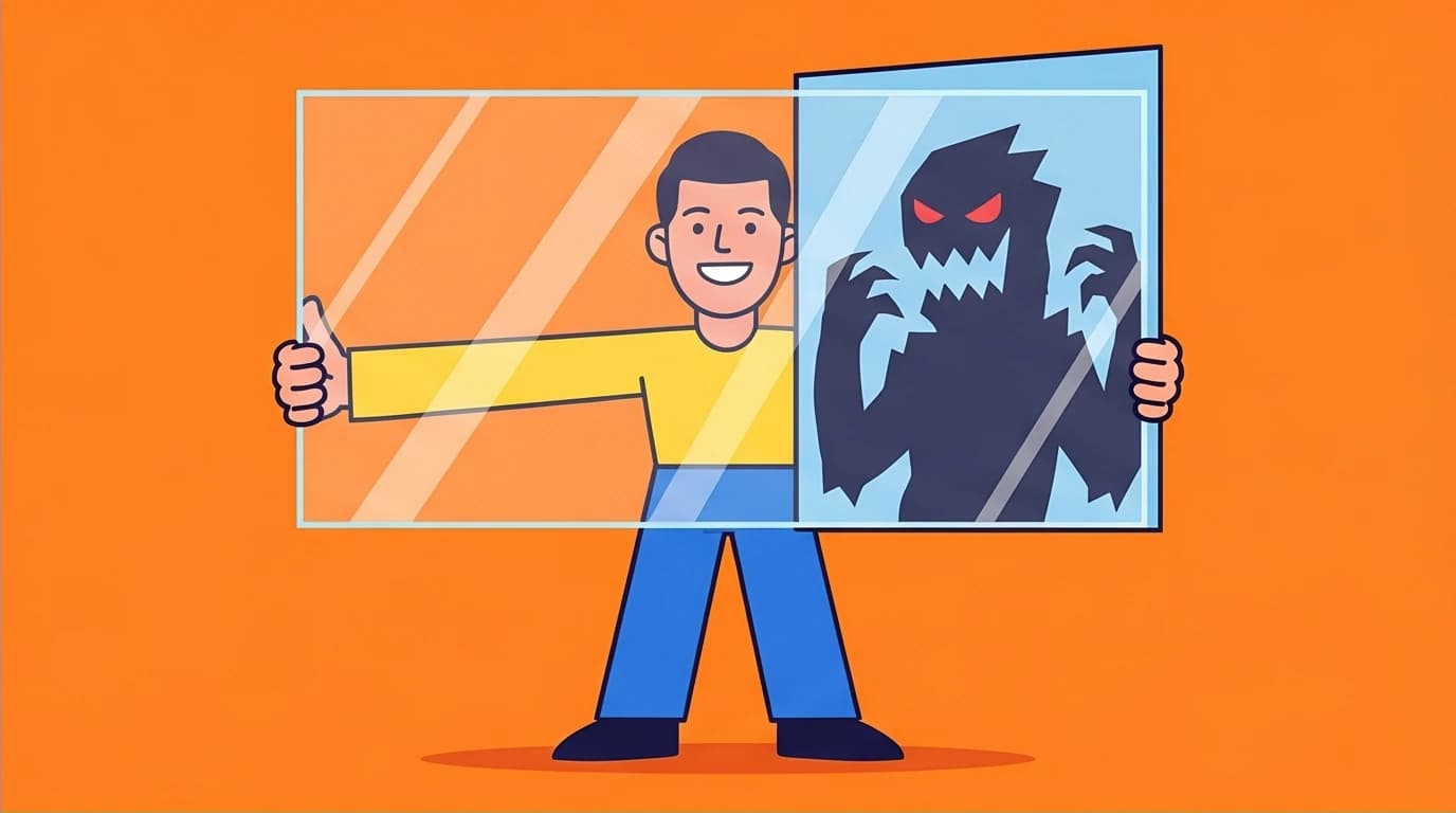 A visual metaphor for Law 3 of human nature, showing a character seeing through another's social mask to their true self, a key concept from Robert Greene.