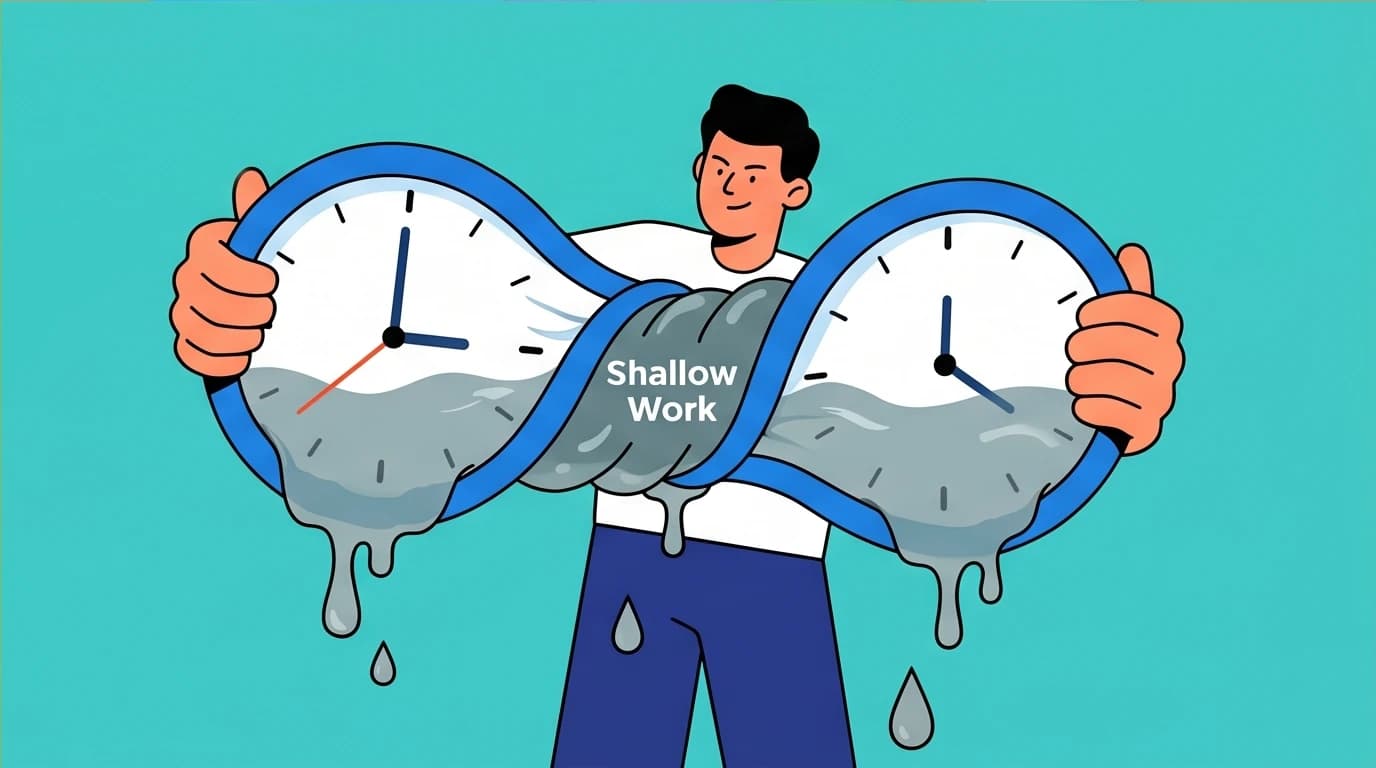 A professional squeezes a clock like a sponge to 'drain the shallows,' removing low-value tasks to make time for deep work concentration.