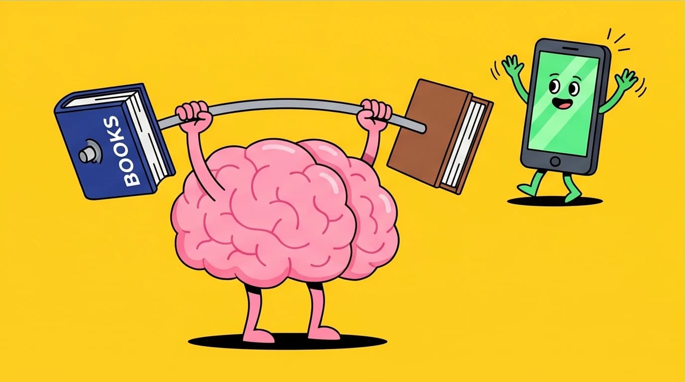 A brain lifting weights to build focus muscle, ignoring a distracting smartphone, illustrating the concept of embracing boredom for deep work.