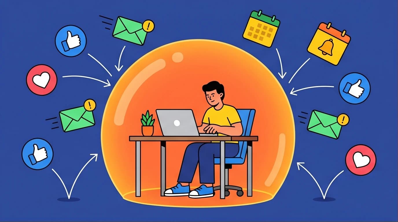 Illustration of a professional using Cal Newport's deep work rules to create a focus bubble, protecting them from digital distractions.