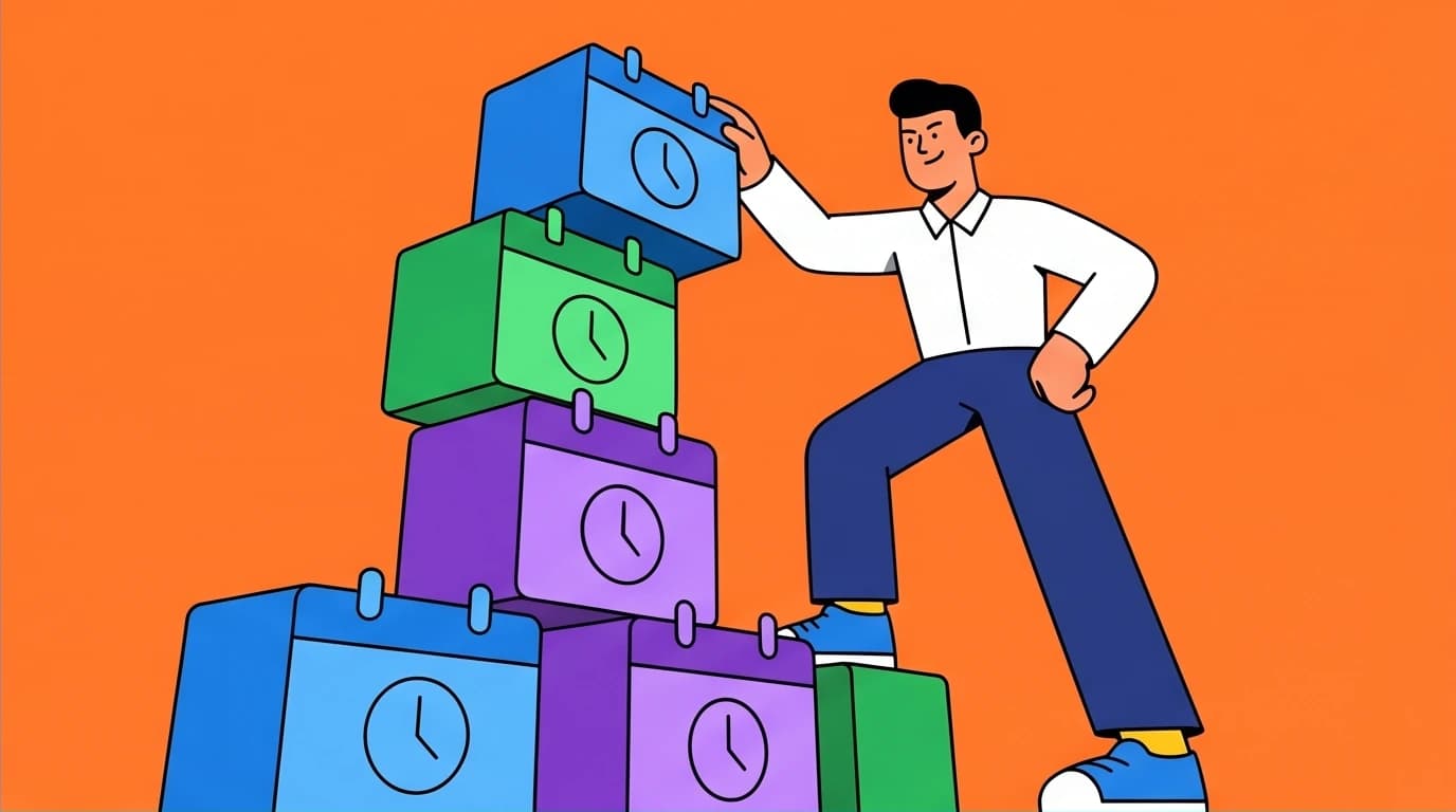 A person building a routine for deep work by stacking calendar blocks into a strong tower, representing Rule 1: Work Deeply.