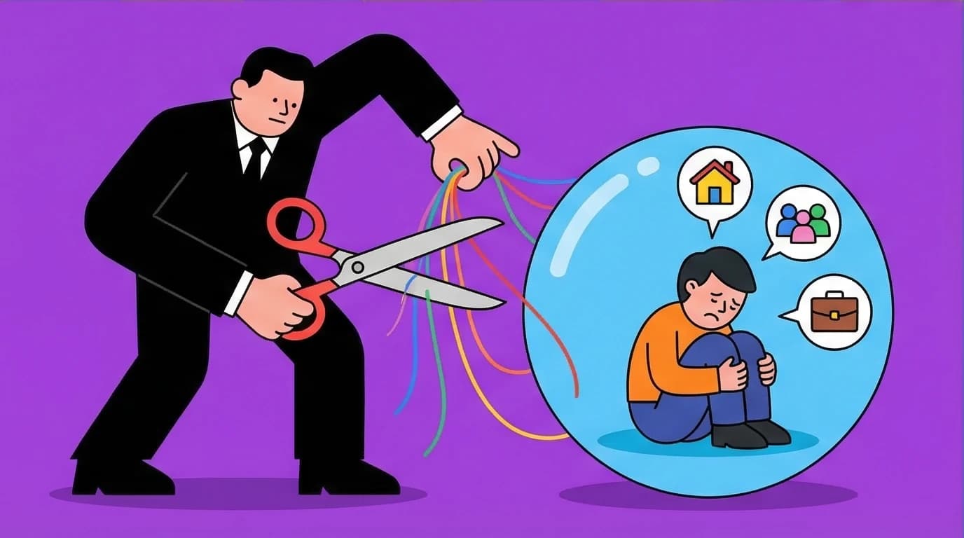 A person is isolated in a glass bubble as a partner cuts their connections, showing the manipulation tactic of creating dependency.