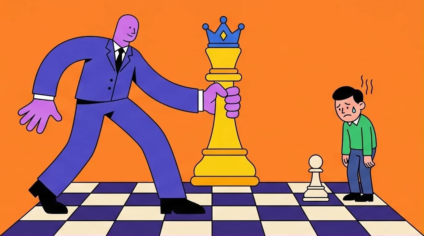 Illustration of toxic relationship power dynamics, showing a chess game representing manipulation tactics from the 48 laws of power.