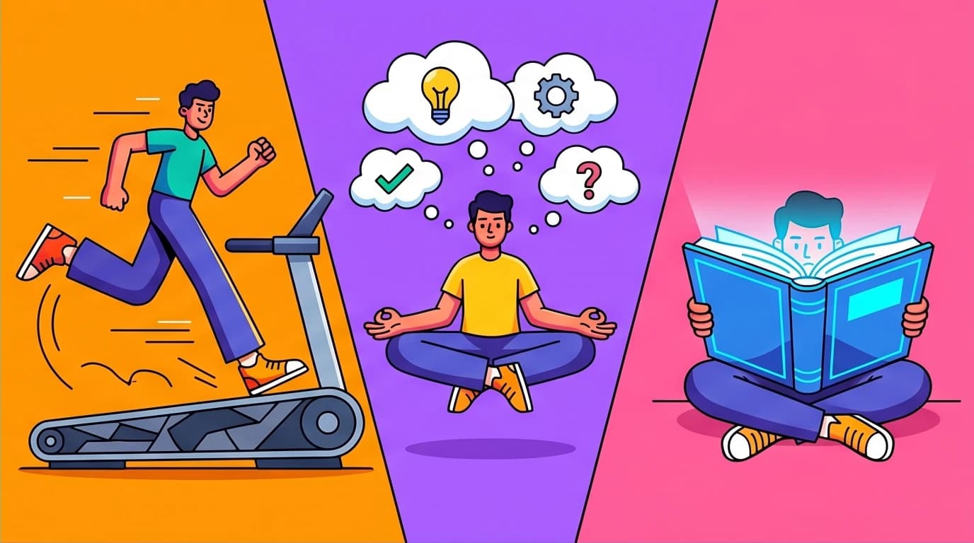 A visual breakdown of the 5 AM club schedule's 20/20/20 formula: a person moving, reflecting, and growing in three distinct panels.