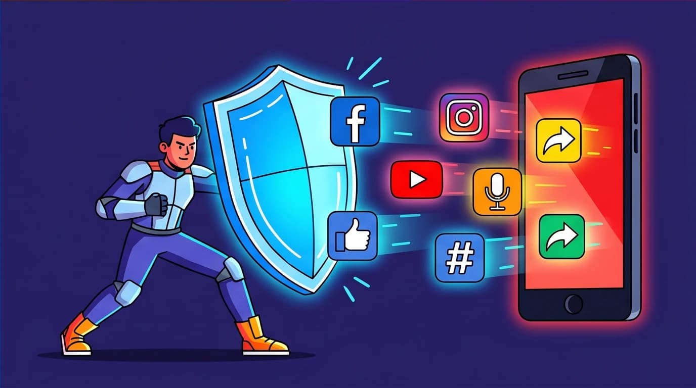 A character blocking distracting social media notifications to illustrate a common pitfall when trying to wake up at 5 am every day.