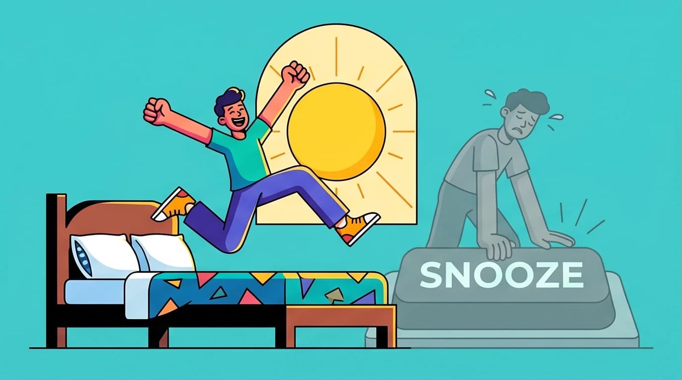 An illustration of a person energetically jumping out of bed at sunrise, representing the successful 5 AM club morning routine and habit guide.