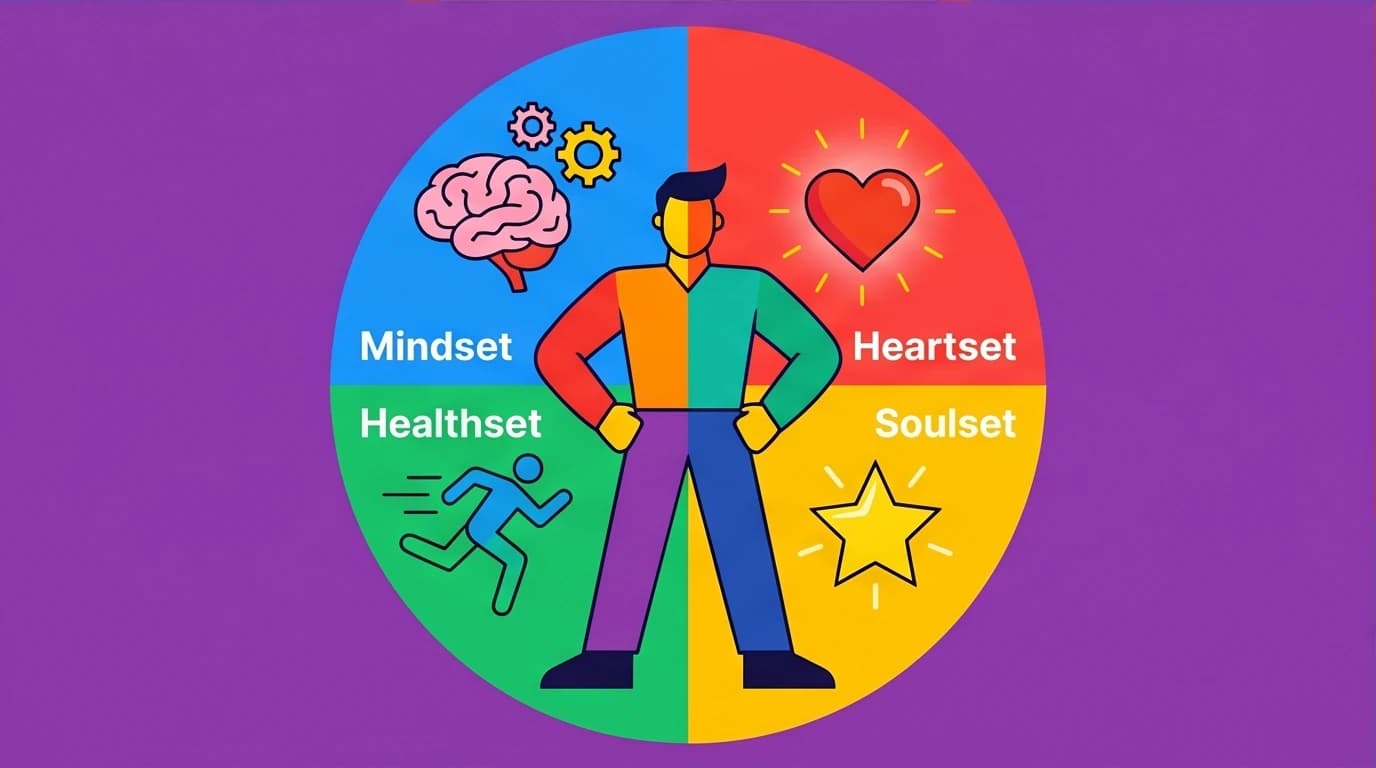 A character composed of four balanced parts representing the 4 Interior Empires: Mindset, Heartset, Healthset, and Soulset, a key takeaway from the 5 AM Club.