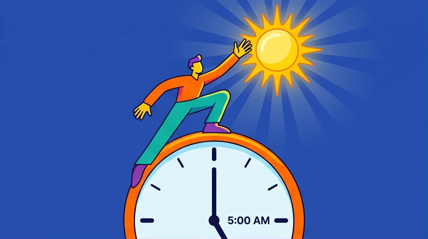 An illustration of the 5 AM Club concept, showing a character gaining mental clarity by waking up early, a key methodology from Robin Sharma's book.