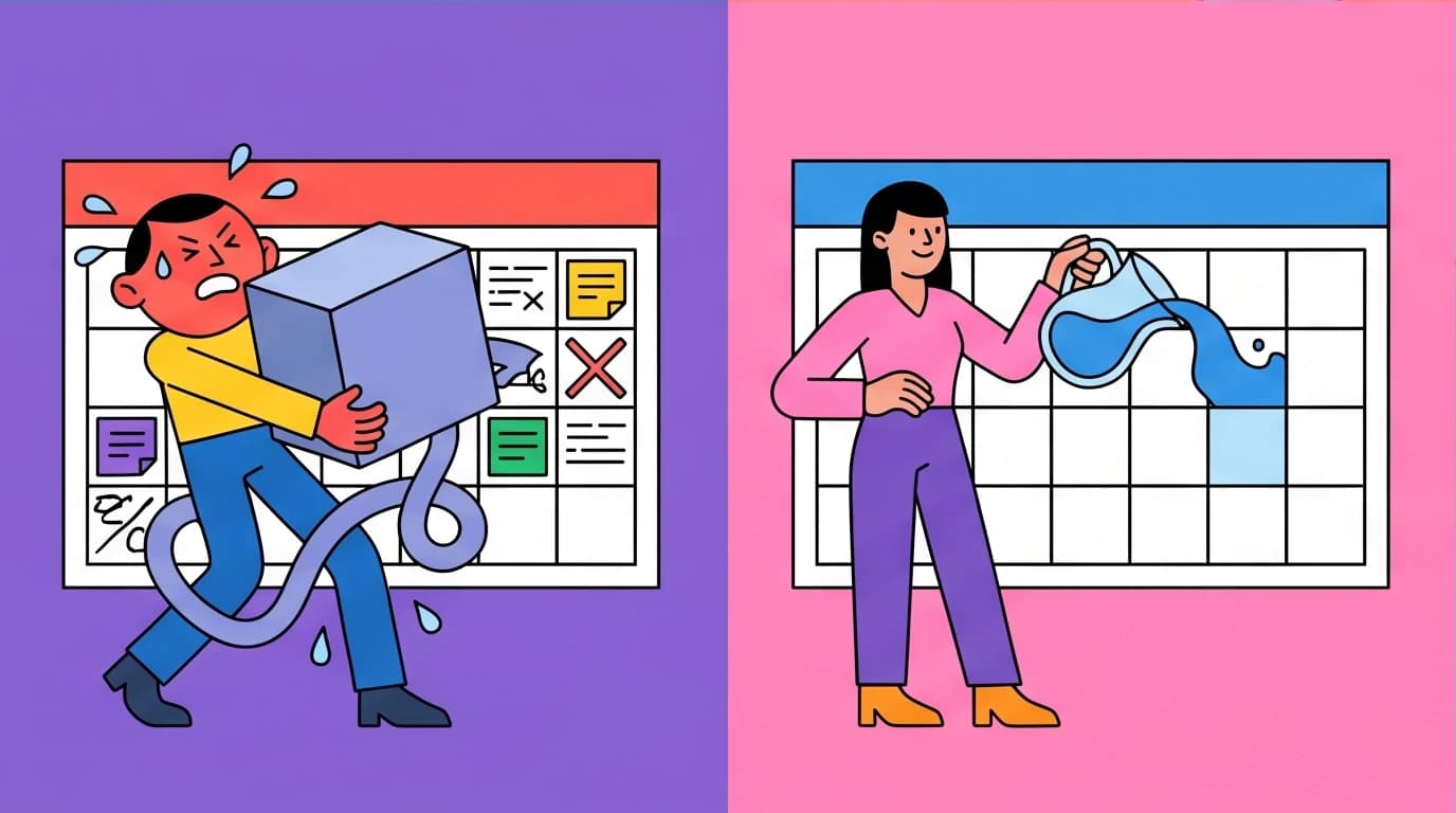 A character struggling with the rigid 5 AM Club schedule versus a character easily adapting with the pliable Miracle Morning routine.