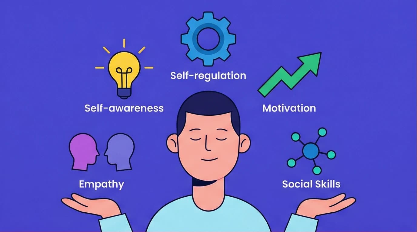 An illustration showing the 5 components of emotional intelligence—self-awareness, self-regulation, motivation, empathy, and social skills—orbiting a person's head, explaining Daniel Goleman's framework.