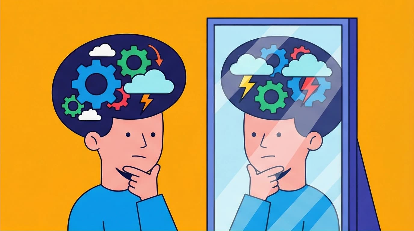 A person looks in a mirror and sees their inner emotions, illustrating self-awareness, the foundational component of Daniel Goleman's emotional intelligence model.