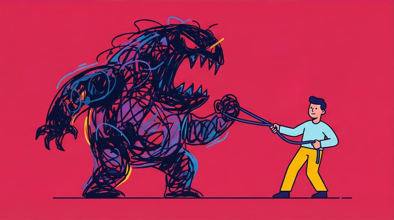 A character calmly tames a large emotional monster, representing self-regulation, a key element of emotional intelligence that controls disruptive impulses.