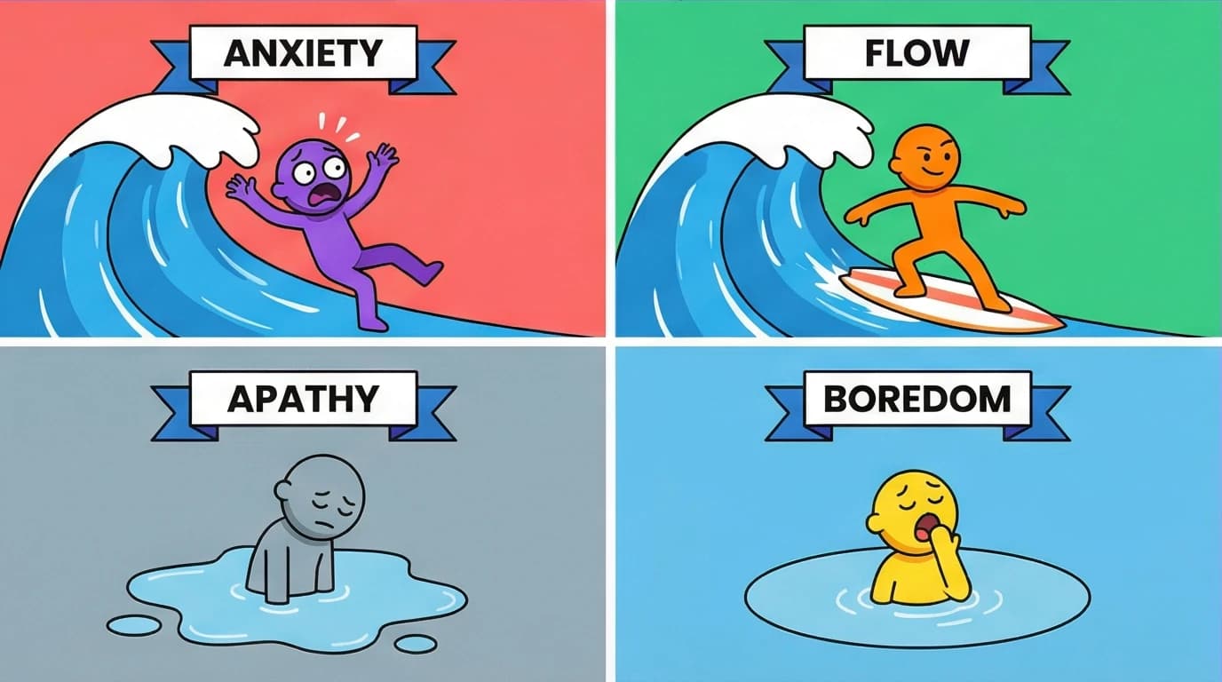 The Challenge vs Skill flow diagram visualizes peak performance, with characters showing anxiety, boredom, and the ideal flow state where high challenge meets high skill.
