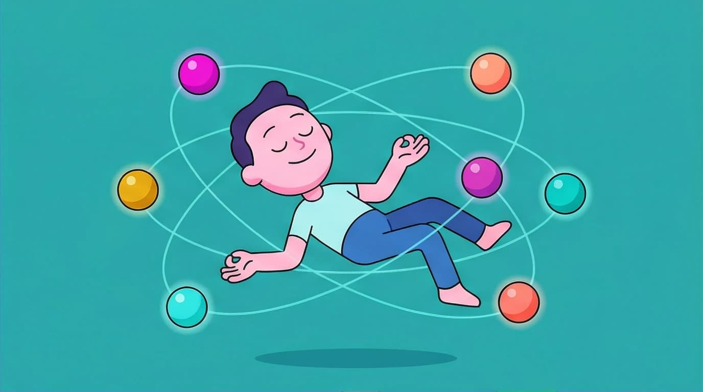 A figure floats in a state of deep focus, surrounded by eight orbs symbolizing the core elements of flow state, a key to complete concentration and optimal experience.