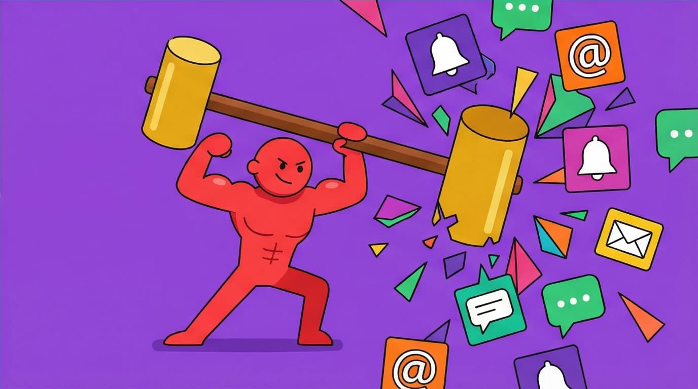 A character destroying a wall of digital distractions with a hammer, a metaphor for establishing the conditions for flow state by eliminating interruptions for deep focus.