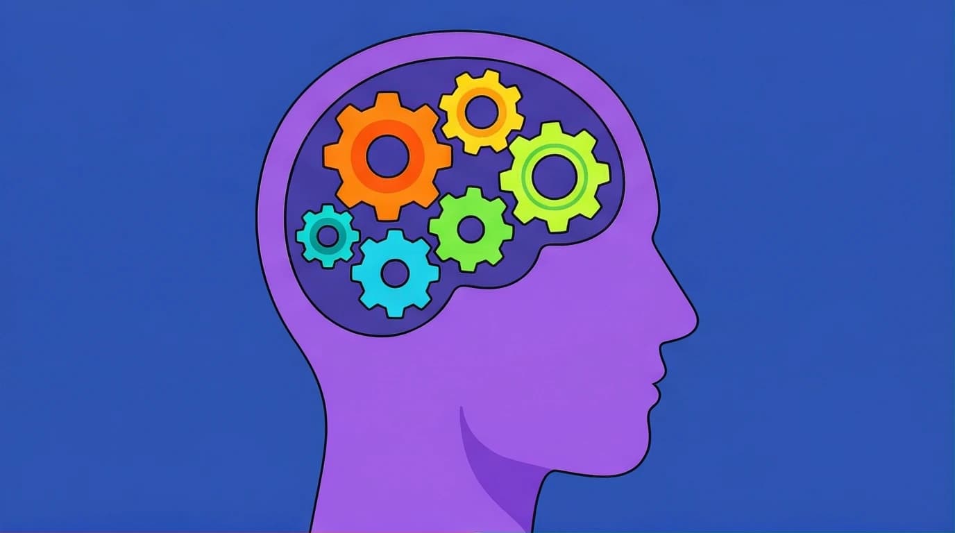 Illustration of a brain as interlocking gears, representing the 8 characteristics of flow and the psychological architecture for peak engagement and human performance.