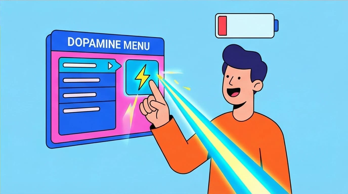An illustration of a character recharging by selecting from a 'Dopamine Menu,' a neurodivergent productivity strategy to overcome ADHD paralysis and get unstuck.