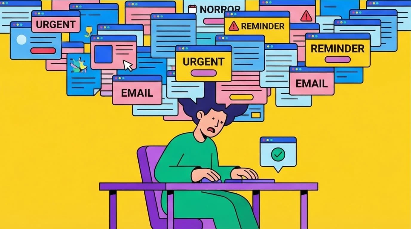 A character's head exploding into a cascade of computer browser tabs, a visual metaphor for the mental overwhelm and choice paralysis experienced by neurodivergent individuals.