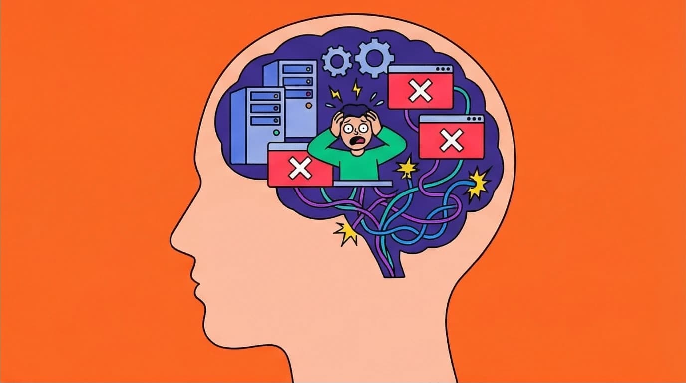 A vector illustration of a human head showing the brain as an overloaded control panel, symbolizing the neurological freeze and executive dysfunction of ADHD paralysis.