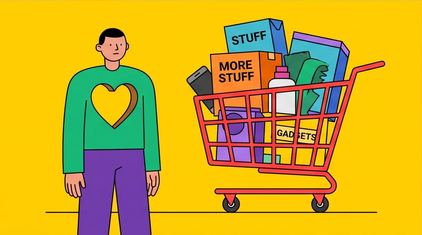A person with a heart-shaped void trying to fill it with consumer goods, symbolizing a core theme from bell hooks' All About Love.