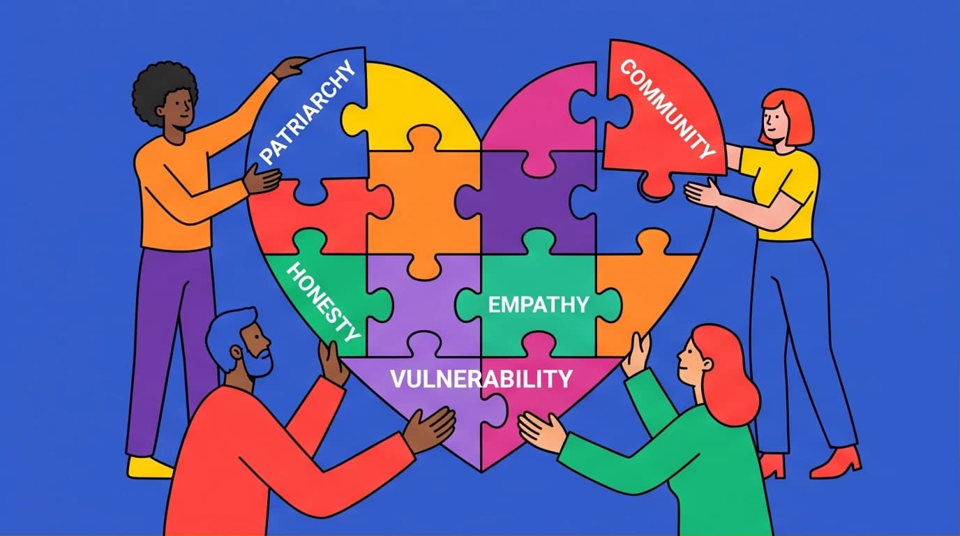 An illustration of a group in a deep discussion, analyzing a complex heart puzzle, representing All About Love book club questions by bell hooks.